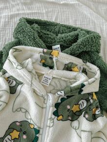 SHEIN 2件裝新生兒男嬰女嬰秋冬款可愛休閒卡通動物圖案毛茸茸連帽連腳連身衣家居服，中性嬰兒服飾，嬰兒冬季衣物 - 綠色 - 查看 4