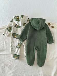 SHEIN 2件裝新生兒男嬰女嬰秋冬款可愛休閒卡通動物圖案毛茸茸連帽連腳連身衣家居服，中性嬰兒服飾，嬰兒冬季衣物 - 綠色 - 查看 3