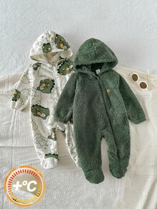 SHEIN 2件裝新生兒男嬰女嬰秋冬款可愛休閒卡通動物圖案毛茸茸連帽連腳連身衣家居服，中性嬰兒服飾，嬰兒冬季衣物 - 綠色 - 查看 7