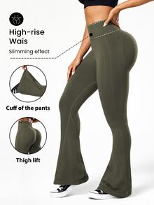 Solea Cove Solea Cove Solid Color High Waist Seamless Flare Leggings - Army Green - View 3