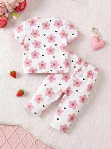 SHEIN 新生女嬰可愛夏季休閒針織粉色圖案短袖居家服套裝 - 淺粉色 - 查看 3