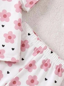 SHEIN 新生女嬰可愛夏季休閒針織粉色圖案短袖居家服套裝 - 淺粉色 - 查看 6