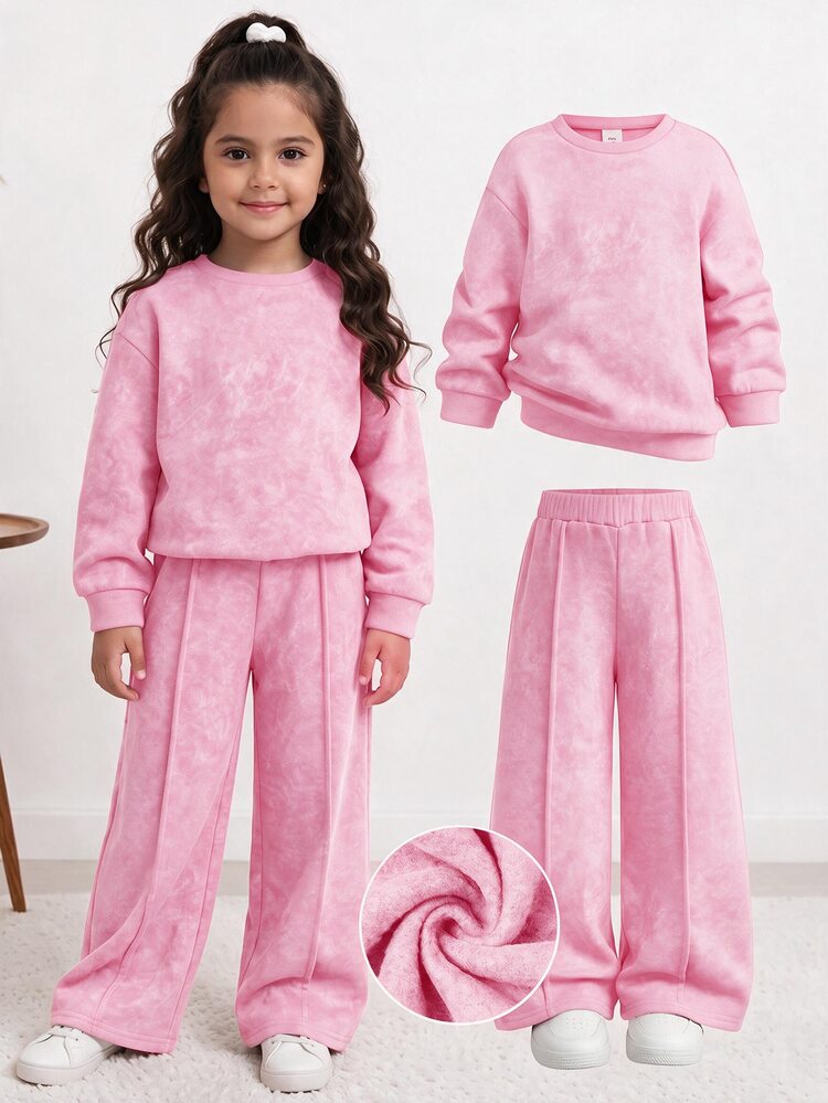 Kids Young Girls Young Girl Thickened Autumn/Winter New Sweatshirt Set, Color, Casual Versatile For Streetwear, Back To School Season, Halloween - Pink - View 1