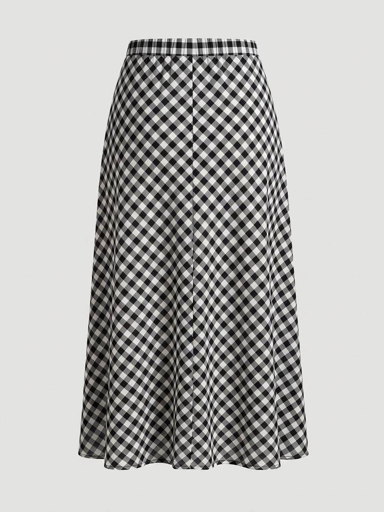 Firerie Plus Size Elegant Plaid Pattern Skirt - Suitable For Commuting, Office, Party And Wedding (Summer, Chocolate Brown) - Multicolor - View 2