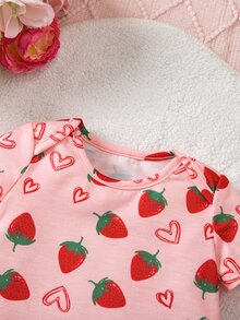 SHEIN 新生女宝宝可爱夏季休闲针织粉色草莓图案短袖睡衣套装 - 粉色 - 查看 3