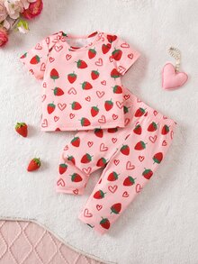 SHEIN 新生女宝宝可爱夏季休闲针织粉色草莓图案短袖睡衣套装 - 粉色 - 查看 2