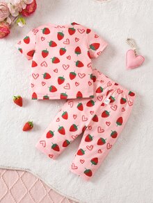 SHEIN 新生女宝宝可爱夏季休闲针织粉色草莓图案短袖睡衣套装 - 粉色 - 查看 6