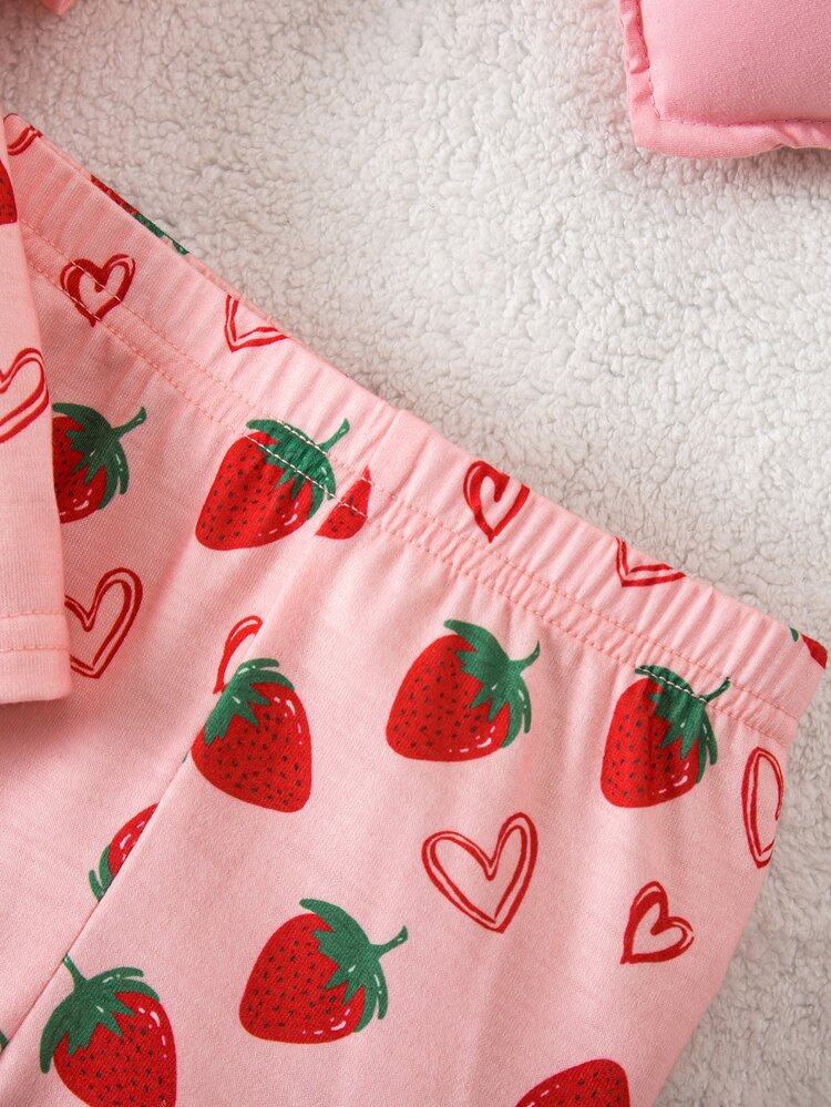 SHEIN Newborn Baby Girl Cute Summer Casual Knit Pink Strawberry Pattern Short Sleeve Pajama Set - Pink - View 5