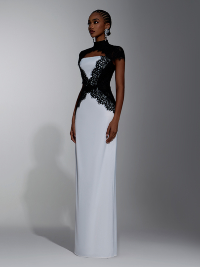 Elitara Elegant Black White Contrast Lace Patchwork Knit Stand Collar Short Sleeve Bodycon Sheer Maxi Evening Gown Women Formal Wedding Guest Party Dress