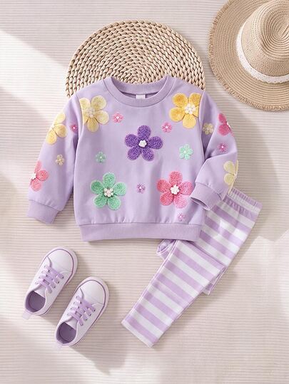 SHEIN Baby Girls 3D Flower Autumn Sweatshirt & Striped Leggings Outfit Set
