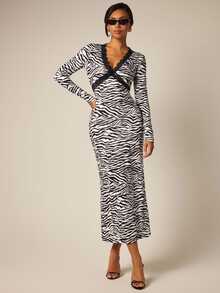 COSMINA Women's Long Zebra Print Lace Patchwork Long Sleeve Fall Dress Night Out Going Out Black And White Sexy - Multicolor - View 4