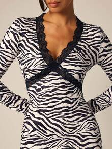 COSMINA Women's Long Zebra Print Lace Patchwork Long Sleeve Fall Dress Night Out Going Out Black And White Sexy - Multicolor - View 2