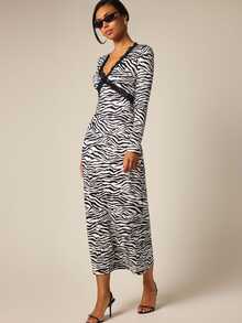 COSMINA Women's Long Zebra Print Lace Patchwork Long Sleeve Fall Dress Night Out Going Out Black And White Sexy - Multicolor - View 3