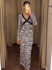 COSMINA Women's Long Zebra Print Lace Patchwork Long Sleeve Fall Dress Night Out Going Out Black And White Sexy - Multicolor - View 1