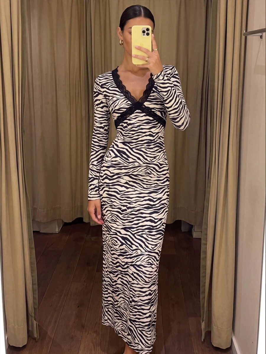 COSMINA Women's Long Zebra Print Lace Patchwork Long Sleeve Fall Dress Night Out Going Out Black And White Sexy - Multicolor - View 1