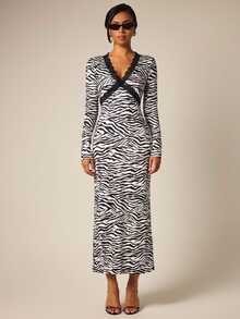 COSMINA Women's Long Zebra Print Lace Patchwork Long Sleeve Fall Dress Night Out Going Out Black And White Sexy - Multicolor - View 6