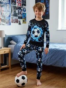 SHEIN 青少年男孩螢光足球圖案圓領長袖褲子休閒舒適貼身居家睡衣套裝 2件組 - 彩色 - 查看 8