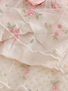 SHEIN 2件組新生女嬰公主風可愛甜美粉色3D花朵蝴蝶結網紗刺繡長袖圓領常規款生日派對秋季假期芭蕾舞裙洋裝 - 淺粉色 - 查看 10