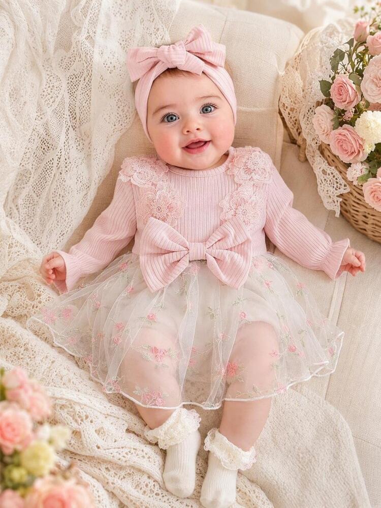 SHEIN 2Pcs Newborn Baby Girl Tutu Dress Cute Sweet Princess Pink 3D Floral Bow Mesh Embroidered Long Sleeve Round Neck Regular Birthday Party Fall Holiday - Baby Pink - View 2