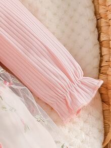 SHEIN 2件組新生女嬰公主風可愛甜美粉色3D花朵蝴蝶結網紗刺繡長袖圓領常規款生日派對秋季假期芭蕾舞裙洋裝 - 淺粉色 - 查看 7