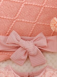 SHEIN 2件組新生女嬰公主風可愛甜美粉色3D花朵蝴蝶結網紗刺繡長袖圓領常規款生日派對秋季假期芭蕾舞裙洋裝 - 淺粉色 - 查看 8