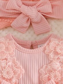 SHEIN 2件組新生女嬰公主風可愛甜美粉色3D花朵蝴蝶結網紗刺繡長袖圓領常規款生日派對秋季假期芭蕾舞裙洋裝 - 淺粉色 - 查看 5