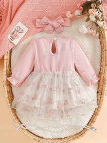 SHEIN 2件組新生女嬰公主風可愛甜美粉色3D花朵蝴蝶結網紗刺繡長袖圓領常規款生日派對秋季假期芭蕾舞裙洋裝 - 淺粉色 - 查看 3