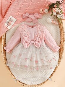 SHEIN 2件組新生女嬰公主風可愛甜美粉色3D花朵蝴蝶結網紗刺繡長袖圓領常規款生日派對秋季假期芭蕾舞裙洋裝 - 淺粉色 - 查看 4