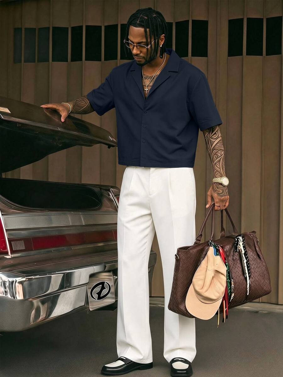 AXEPEAK Men's Casual Versatile Shirt And Pants Set - Blue and White - View 1