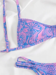 Swim Mod Spring/Summer New Cross-Border Sweet Blue Ocean Shell Print Thin Trim Two Pieces Set Three-Point High-Cut Triangle Bikini Set For Women, Small Chest Push-Up Sexy Swimwear For Hot Spring, Beach, Vacation, Birthday Party, Holiday - Multicolor - View 5