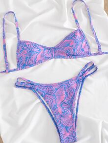 Swim Mod Spring/Summer New Cross-Border Sweet Blue Ocean Shell Print Thin Trim Two Pieces Set Three-Point High-Cut Triangle Bikini Set For Women, Small Chest Push-Up Sexy Swimwear For Hot Spring, Beach, Vacation, Birthday Party, Holiday - Multicolor - View 4