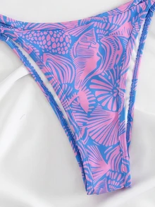 Swim Mod Spring/Summer New Cross-Border Sweet Blue Ocean Shell Print Thin Trim Two Pieces Set Three-Point High-Cut Triangle Bikini Set For Women, Small Chest Push-Up Sexy Swimwear For Hot Spring, Beach, Vacation, Birthday Party, Holiday - Multicolor - View 6