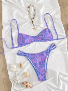 Swim Mod Spring/Summer New Cross-Border Sweet Blue Ocean Shell Print Thin Trim Two Pieces Set Three-Point High-Cut Triangle Bikini Set For Women, Small Chest Push-Up Sexy Swimwear For Hot Spring, Beach, Vacation, Birthday Party, Holiday - Multicolor - View 3