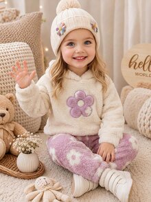 SHEIN Playful Pals 2件組女嬰秋冬日常百搭可愛保暖抓絨法蘭絨愛心連帽衛衣與長褲套裝 - 淺粉色 - 查看 4