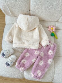 SHEIN Playful Pals 2件組女嬰秋冬日常百搭可愛保暖抓絨法蘭絨愛心連帽衛衣與長褲套裝 - 淺粉色 - 查看 2