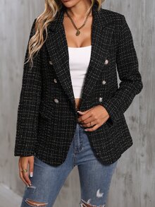 SHEIN Privé Lapel Neck Double Breasted Tweed Blazer Fall Cloth For Women - Black - View 3