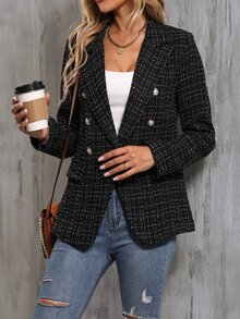 SHEIN Privé Lapel Neck Double Breasted Tweed Blazer Fall Cloth For Women - Black - View 6