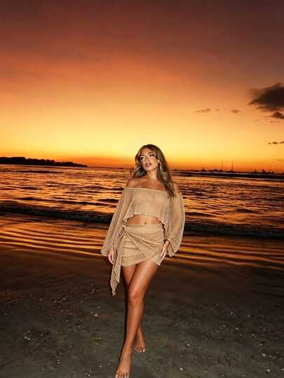 SHEIN Swim Women's Spring/Summer New Gold/Sand Color Fine Glitter Two Pieces Set, Asymmetrical Shoulder Top Paired With Wrap Mini Skirt, Women's Beach/Vacation Outfit, Sexy Sheer Mini Skirt Set, Bohemian Style, Vacation Style, Cruise Style, Outing Party, Summer Clothing/Vacation Wear, Carnival, Festival