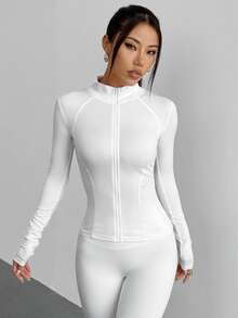 DAZY Chaqueta deportiva casual de corte ajustado con cordón en la cintura para mujer, prenda fina - Blanco - Ver 3
