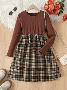SHEIN 青少年女孩秋冬長袖拼接格紋洋裝 - 棕色 - 查看 4