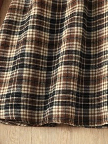 SHEIN 青少年女孩秋冬長袖拼接格紋洋裝 - 棕色 - 查看 6