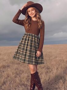 SHEIN 青少年女孩秋冬長袖拼接格紋洋裝 - 棕色 - 查看 3