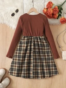 SHEIN 青少年女孩秋冬長袖拼接格紋洋裝 - 棕色 - 查看 5