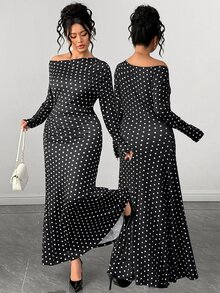 Elenzga Gaun Wanita Ukuran Plus Motif Minimalis dengan Bahu Asimetris dan Detail Kerut di Pinggang, Lengan Panjang, Cocok untuk Musim Gugur. - Hitam dan Putih - View 4