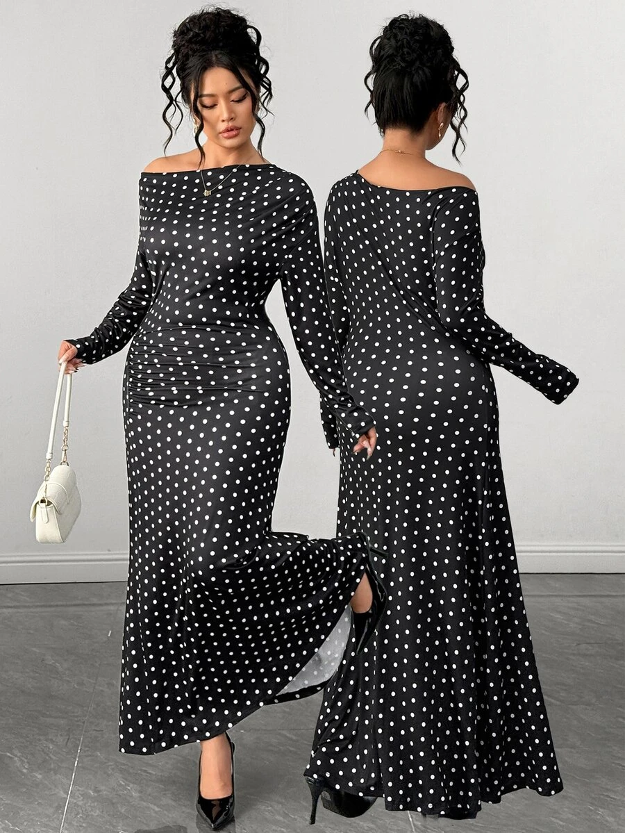 Elenzga Women's Plus Size Minimalist Print Asymmetric Shoulder And Waist Ruched Long Sleeve Dress Fall - Black and White - View 1