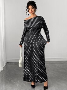 Elenzga Gaun Wanita Ukuran Plus Motif Minimalis dengan Bahu Asimetris dan Detail Kerut di Pinggang, Lengan Panjang, Cocok untuk Musim Gugur. - Hitam dan Putih - View 9