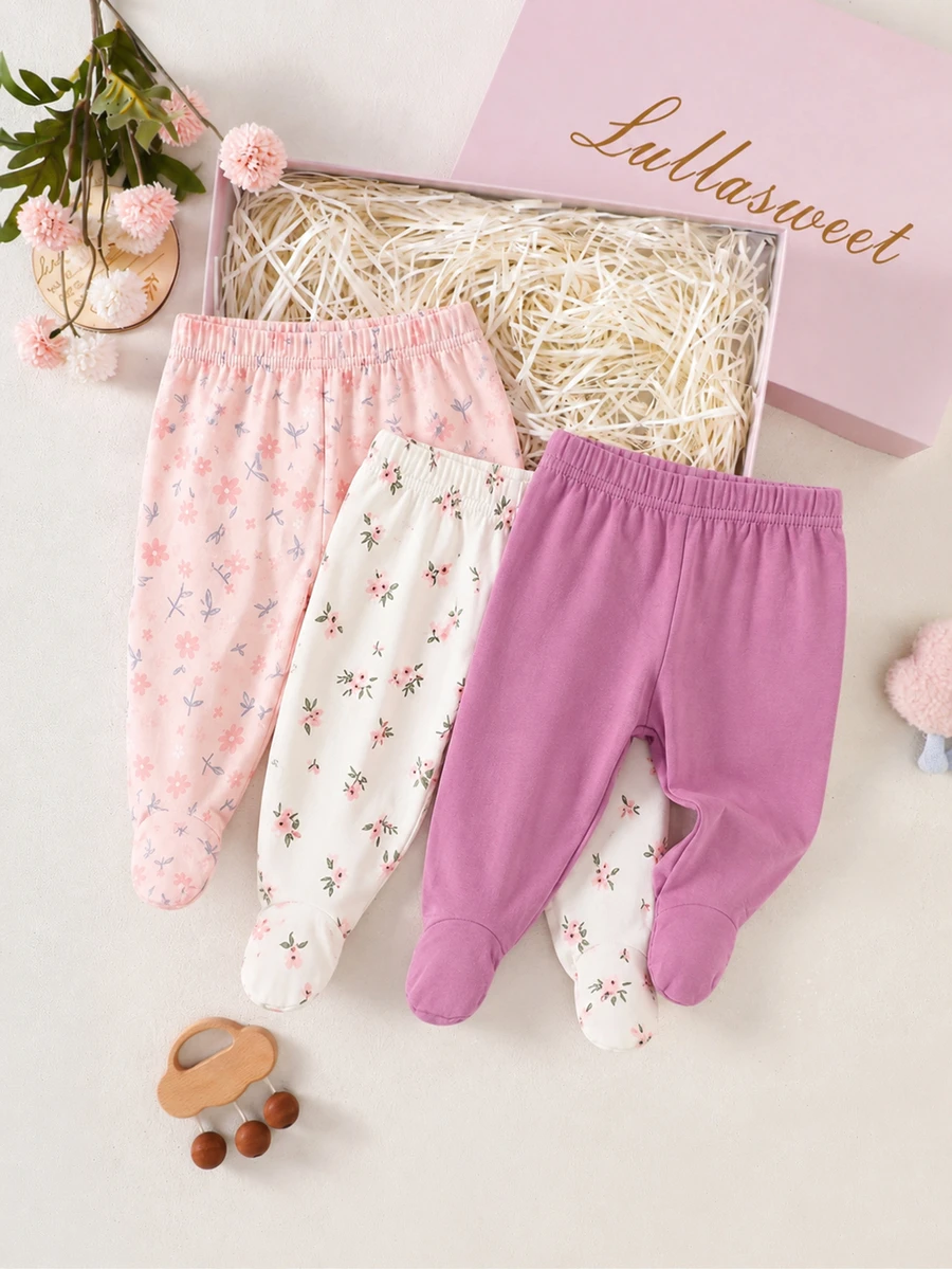 SHEIN 3pcs Newborn Baby Girls Footed Leggings Cute Sweet Pink White Purple Floral Print Dainty Footed Regular Party Autumn Princess Ballet Cozy Jogging Leg