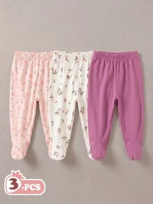 SHEIN 3pcs Newborn Baby Girls Footed Leggings Cute Sweet Pink White Purple Floral Print Dainty Footed Regular Party Autumn Princess Ballet Cozy Jogging Leg - Multicolor - View 6