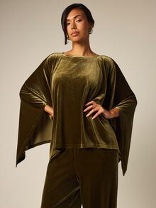 COSMINA Velvet Olive Green Asymmetrical Hem Batwing Sleeve Top And Pants Set Party Party Night Everyday Night Dinner Cocktail Summer Mature Elegant - Olive Green - View 6
