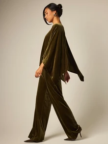 COSMINA Velvet Olive Green Asymmetrical Hem Batwing Sleeve Top And Pants Set Party Party Night Everyday Night Dinner Cocktail Summer Mature Elegant - Olive Green - View 4